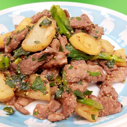 子供が喜ぶ！牛肉と菜の花のマスタード醤油炒め♪